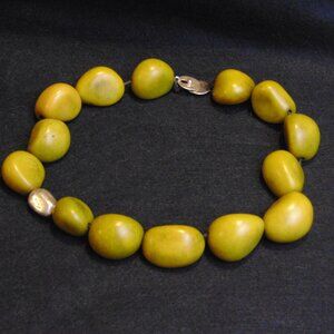Chunky Olive Green Statement Beaded Necklace Silver Accent
